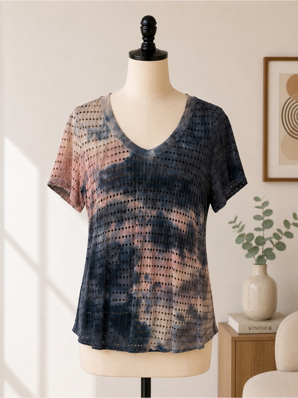 Hard Tail Tie-Dye Eyelet V-Neck Top - Pink & Navy